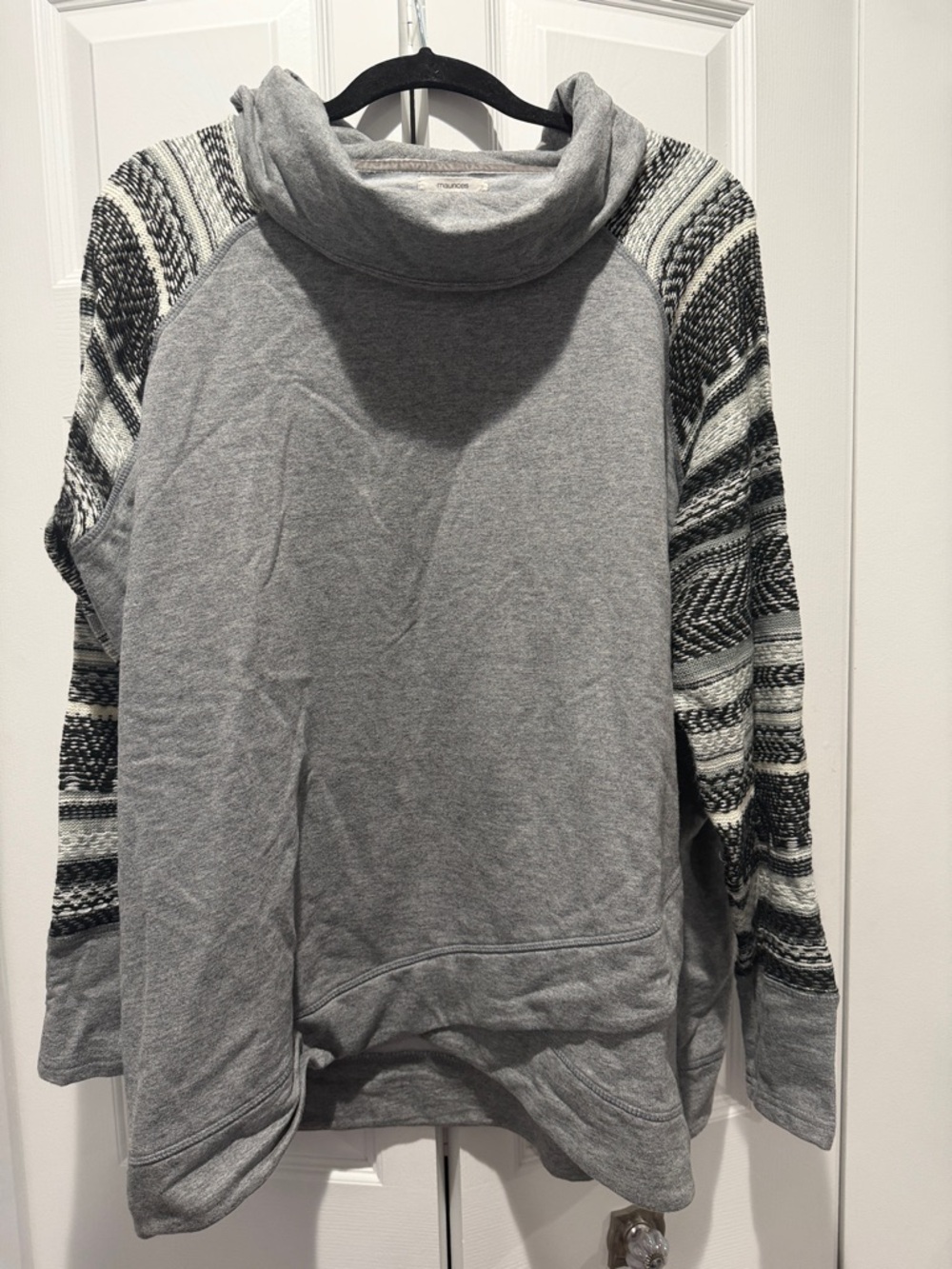 Cozy Grey Cowl Neck Sweater with Patterned Sleeves